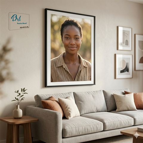 Framed portrait above a sofa